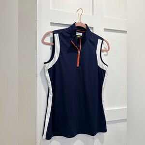 Navy and White Sleeveless Zip-Up Top